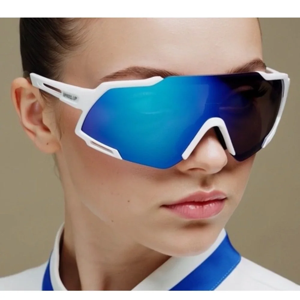 WHEEL UP Sports Sunglasses White Blue Mirrored Lens Cycling Riding UV Protection